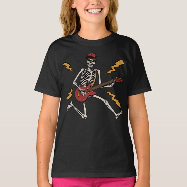 T-shirt Halloween Skeleton Rock Main Jouer Guitare Girl (Devant)