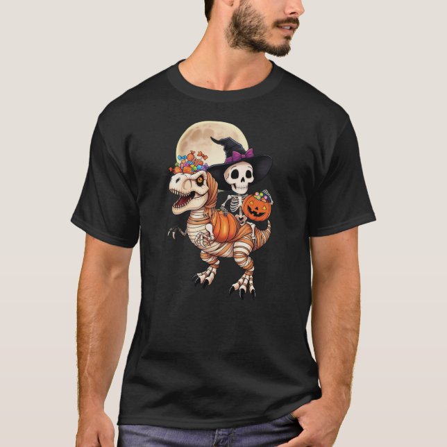 T-shirt Halloween Skeleton Witch Hat Mummy Dinosaur T Rex  (Devant)