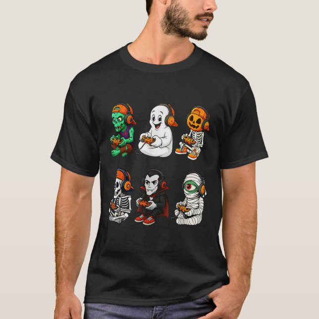 T-shirt Halloween Skeleton, Zombie Gamer Video Gaming  (Devant)