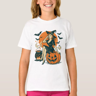 T-shirt Halloween sorcière Vintage sur Citrouille chauves-