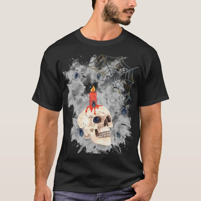 T-shirt Halloween Spooky Skull, Candle, Spiders & Webs (Devant)