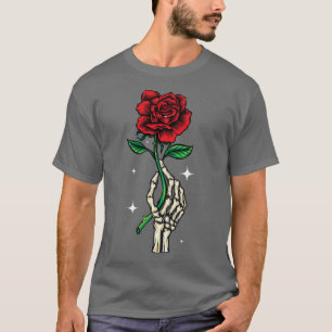 T-shirt Halloween squelette main tenant une rose rouge