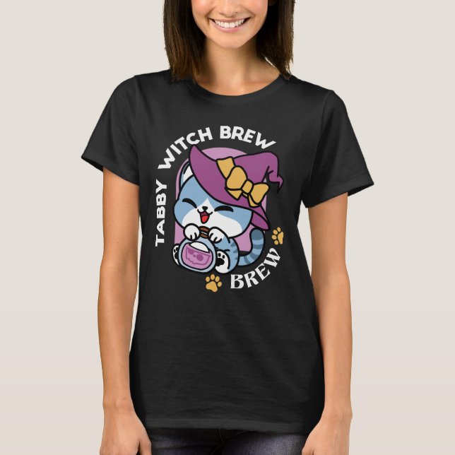 T-shirt Halloween Tabby Cat – Witch Hat & Potion Art (Devant)