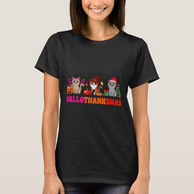 T-shirt Halloween Thanksgiving Christmas Happy Hallothanks (Devant)