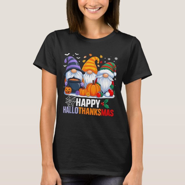 T-shirt Halloween Thanksgiving Christmas Happy Hallothanks (Devant)