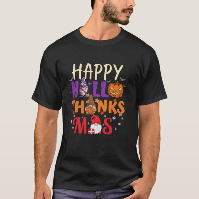 T-shirt Halloween Thanksgiving Christmas Happy HalloThanks (Devant)