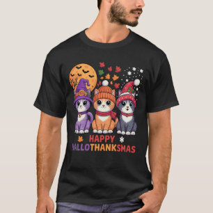 T-shirt Halloween Thanksgiving Noël Heureux HalloThanks