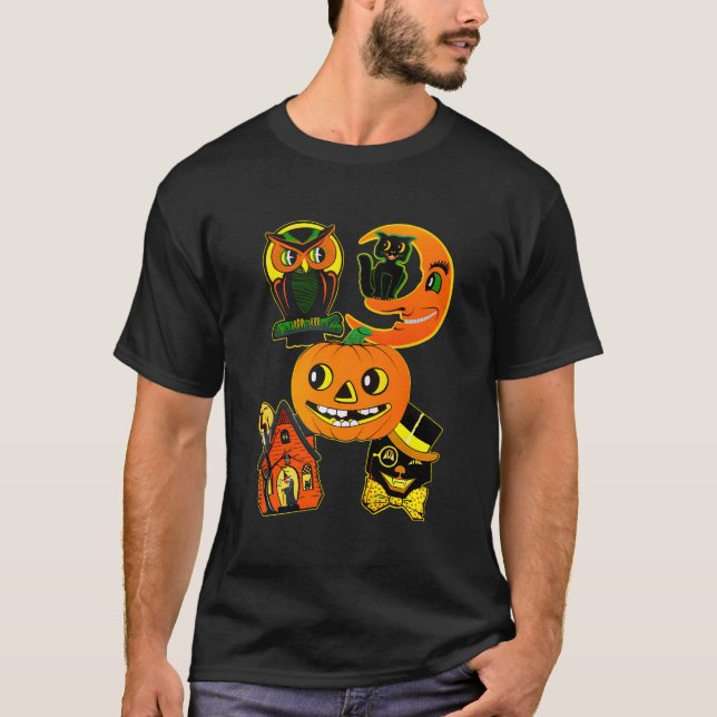 T-shirt Halloween vintage Chouette Et Citrouille De Chat (Devant)