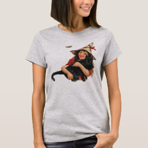 T-shirt Halloween vintage, sorcière avec chat noir