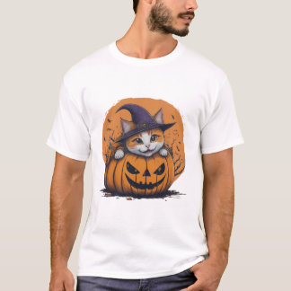 T-shirt Halloween Witch Hat Cat in Pumpkin Spooky Season