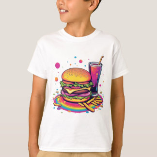 T-shirt Hamburger et frites Junk Food arc-en-ciel