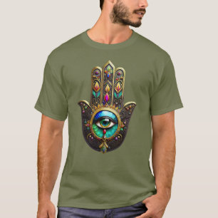 T-shirt Hamsa Brun Coloré Troisième Oeil Arc-en-Ciel Or