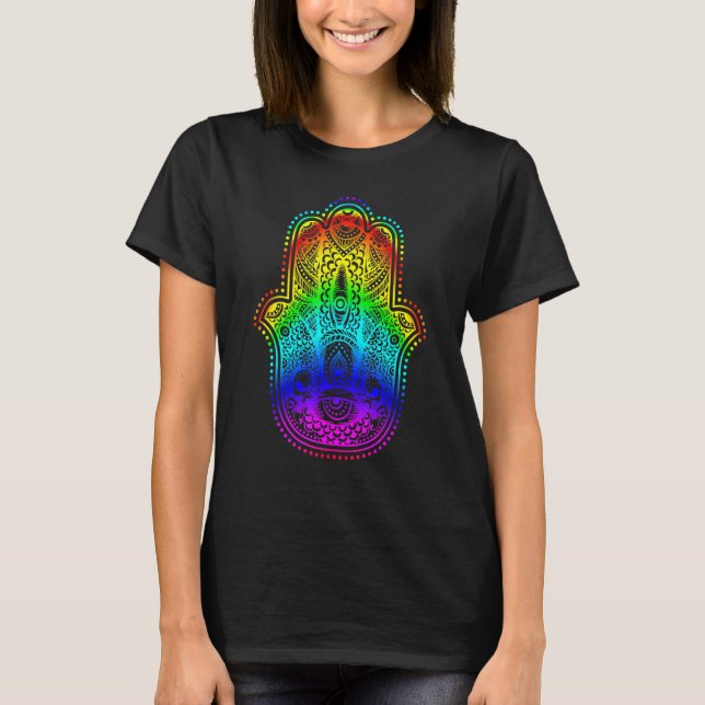 T-shirt Hand Fatima Eye Rainbow Style Mandala (Devant)