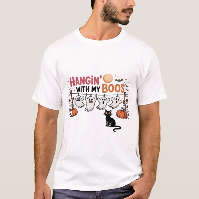 T-shirt Hangin With My Boos Ghost Holding Black Cat Funny  (Devant)