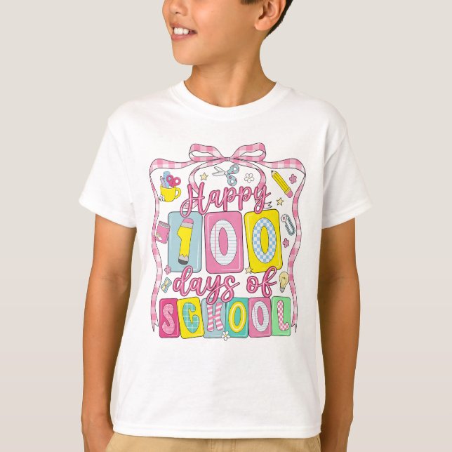 T-shirt Happy 100 Days of School Pink Bow (Devant)