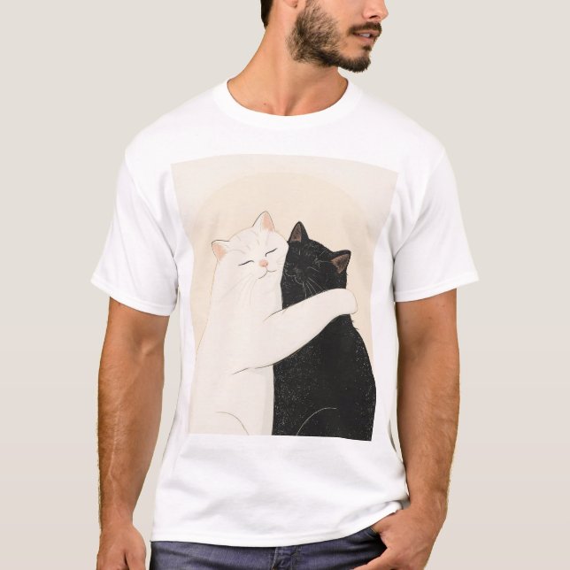 T-shirt Happy Black and White Cat Hug (Devant)