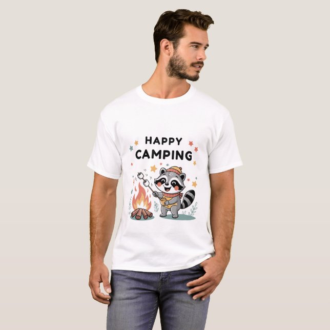 T-shirt Happy Camping Raccoon, Cartoon de feu de camp mign (Devant entier)