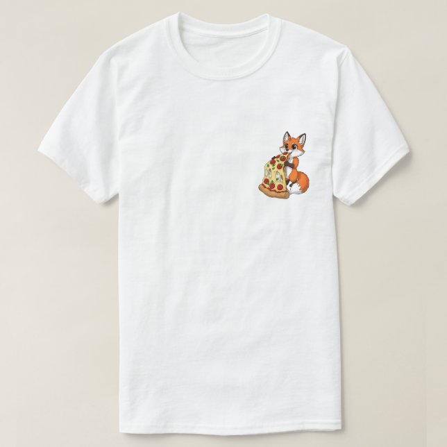 T-shirt Happy Cartoon Fox Eating Giant Cheesy Pizza (Design devant)