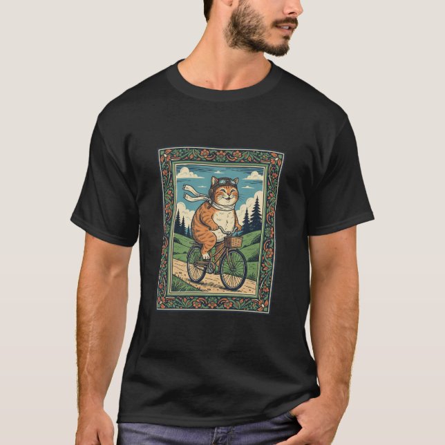 T-shirt Happy cat Riding bicycle on linocut art (Devant)