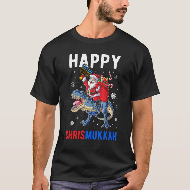 T-shirt Happy Chrismukkah Dinosaur Santa Claus Christmas H (Devant)