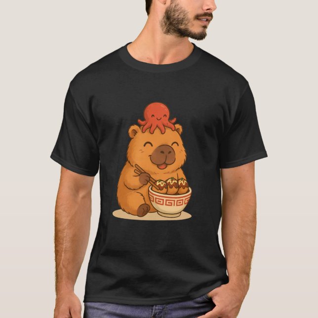 T-shirt Happy Cute Capybara Eating Takoyaki with Octopus K (Devant)