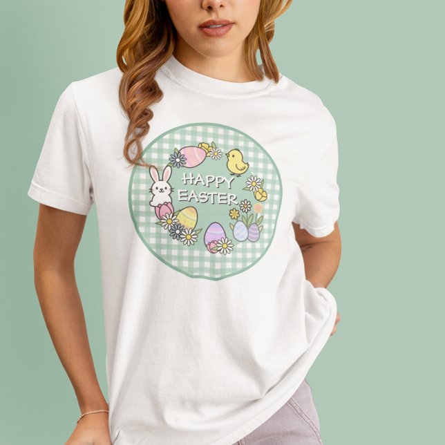 T-shirt Happy Easter Bunny Chick Eggs Green Gingham (Créateur téléchargé)