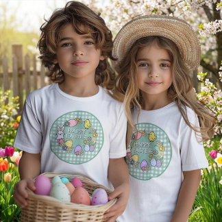 T-shirt Happy Easter Bunny Chick Eggs Green Gingham