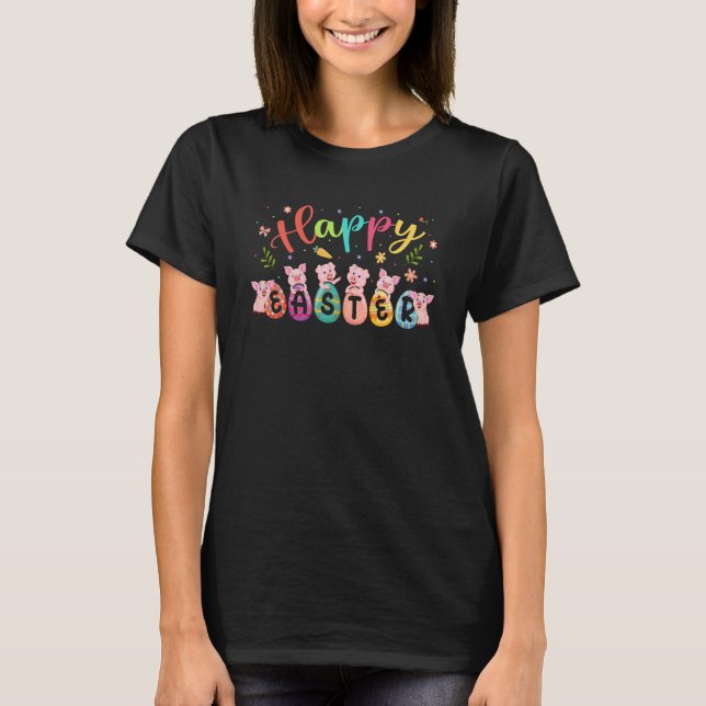T-shirt Happy Easter Group Cute Pigs Hunting Chocolate Egg (Devant)