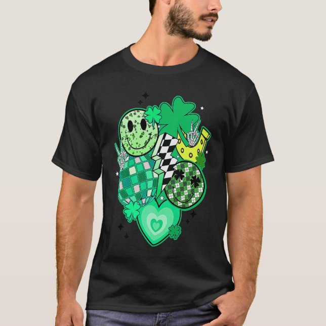 T-shirt Happy Face And Disco Ball Lucky Shamrock C Patrick (Devant)