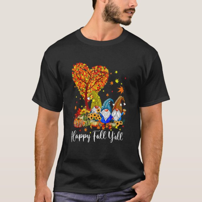 T-shirt Happy Fall Y'all Gnome Leopard Pumpkin  Autumn Gno (Devant)