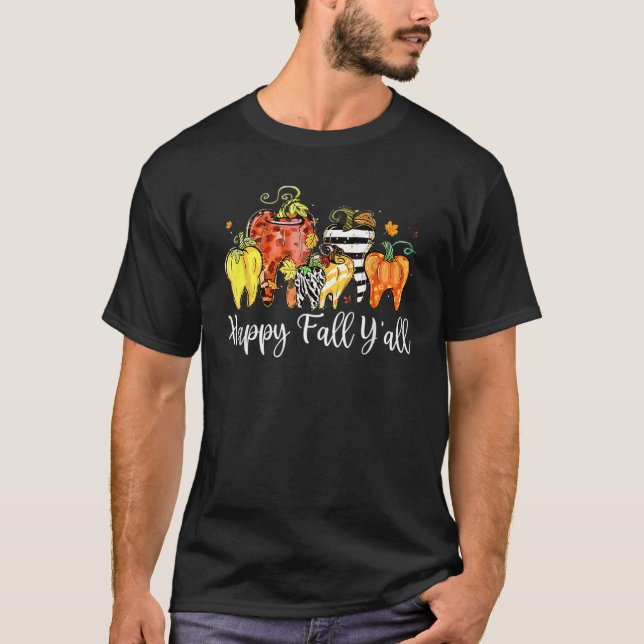 T-shirt Happy Fall Y'all Pumpkin Tooth Lepard Zebra Hallow (Devant)