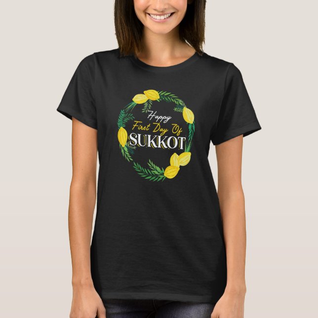 T-shirt Happy First Day Of Sukkot Lulav Palm Tree Israelit (Devant)