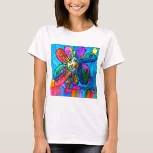 T-shirt Happy Flower's art rose et bleu stylo et encre