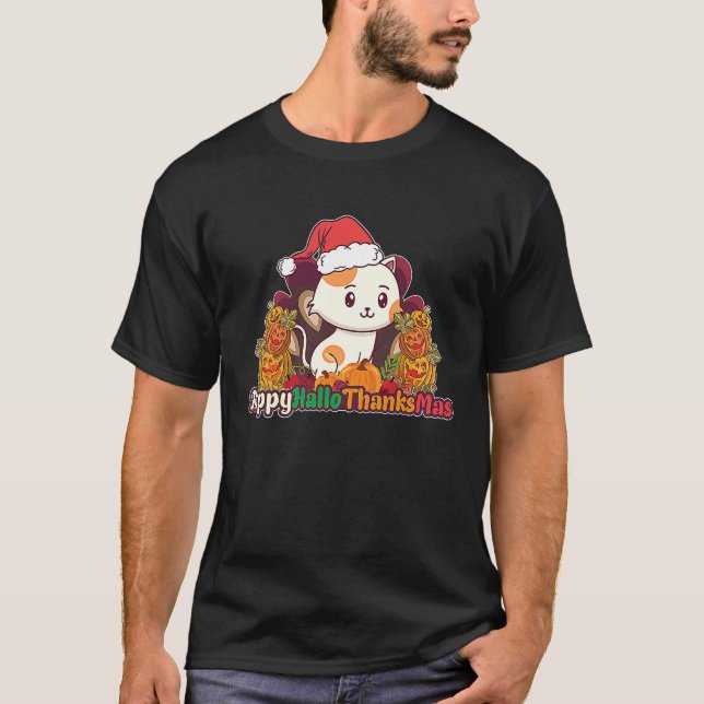 T-shirt Happy HalloThanksMas Cat With Santa Hat Thanksgivi (Devant)