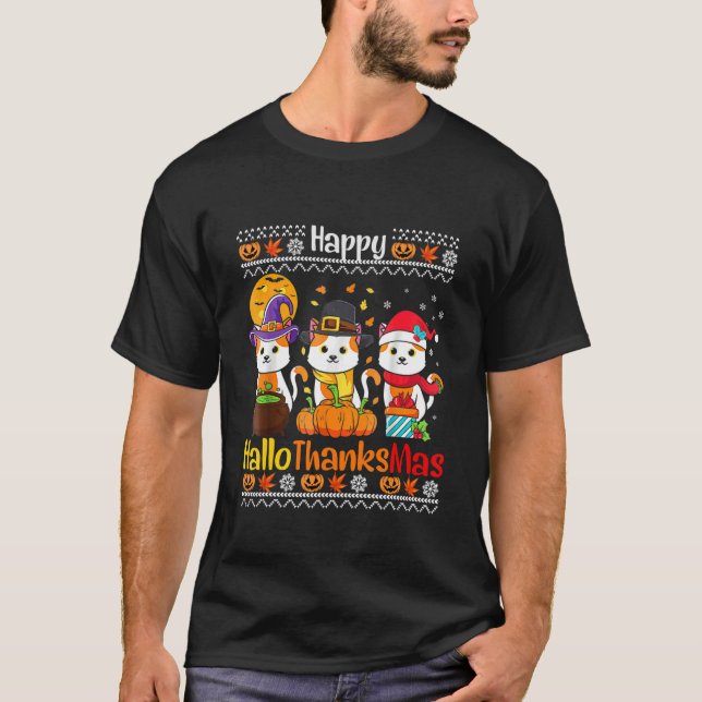T-shirt Happy HalloThanksMas Cats Fall  Thanksgiving Chris (Devant)
