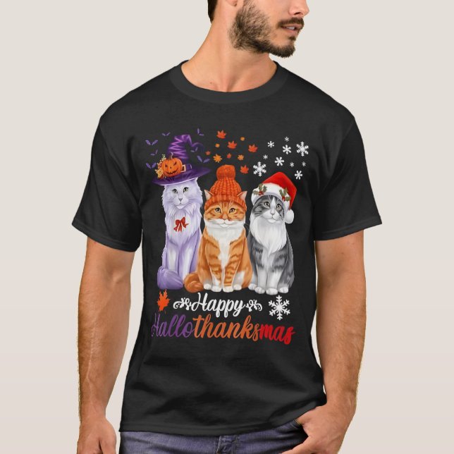 T-shirt Happy HalloThanksMas Cats Halloween Thanksgiving C (Devant)