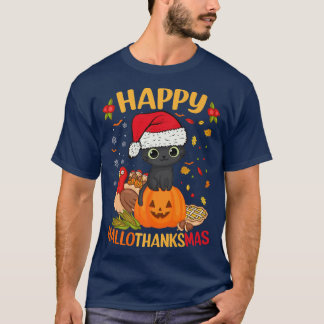 T-shirt Happy HalloThanksMas Chat Noir Santa Hat Vacances 