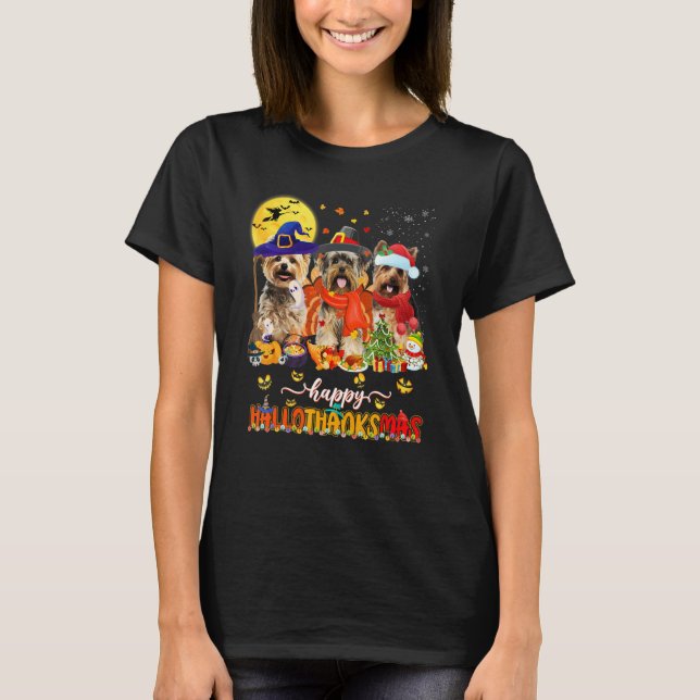 T-shirt Happy Hallothanksmas Cute Yorkie Wizard Hat Turkey (Devant)