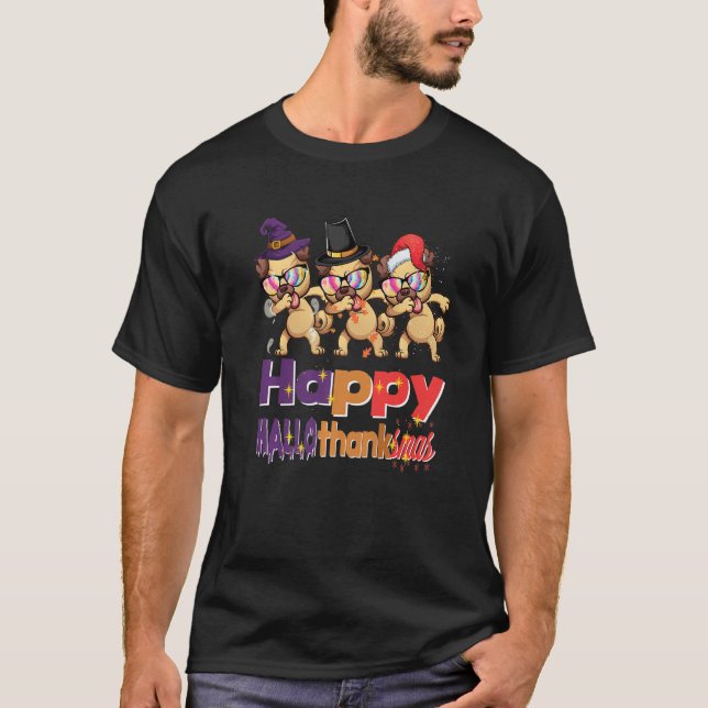 T-shirt Happy Hallothanksmas fun quotes dabbing dog ghost  (Devant)