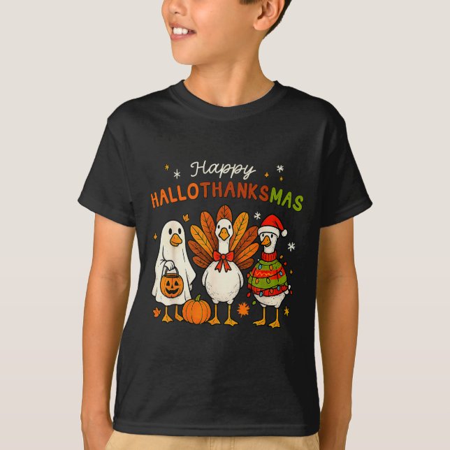 T-shirt Happy Hallothanksmas Goose Halloween Thanksgiving  (Devant)