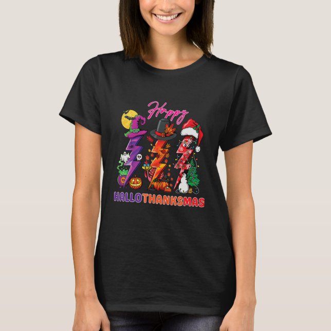 T-shirt Happy Hallothanksmas lightning bolt Witch Santa Ha (Devant)