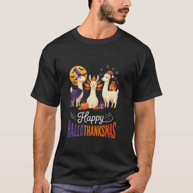 T-shirt Happy Hallothanksmas Llamas Halloween Thanksgiving (Devant)