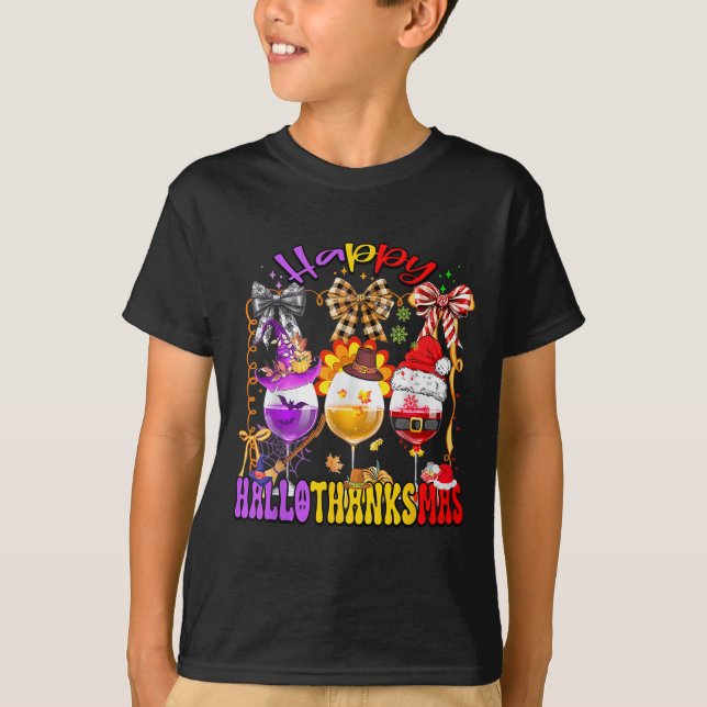 T-shirt Happy Hallothanksmas Wine Gl Halloween Thanksgivin (Devant)