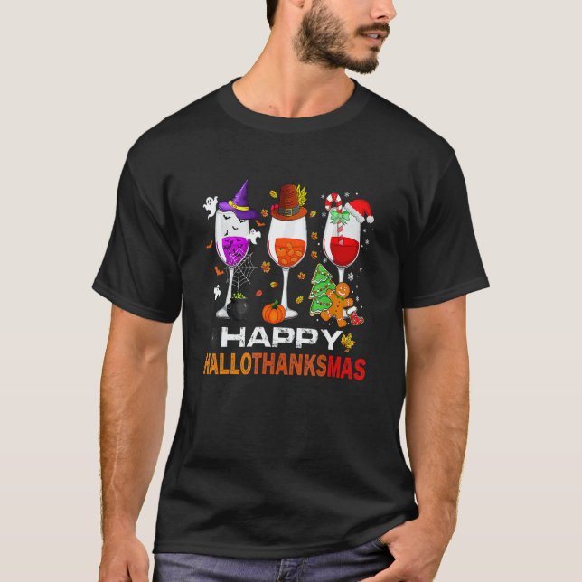 T-shirt Happy Hallothanksmas Wine Glasses Witch Santa Hat  (Devant)