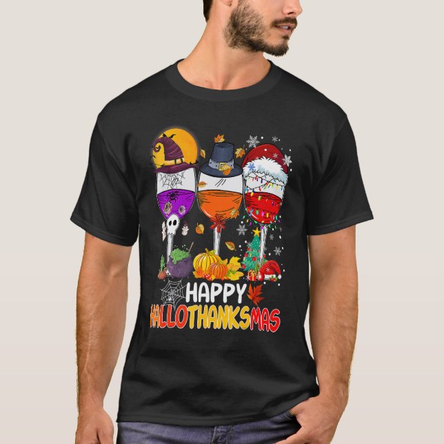 T-shirt Happy Hallothanksmas Wine Glasses Witch Santa Hat  (Devant)