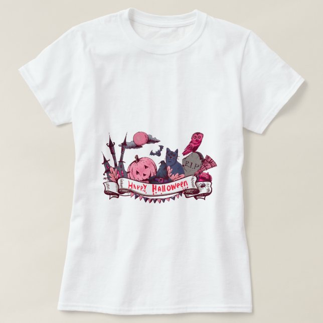 T-shirt Happy Halloween Banner with Castle, Pumpkin, Black (Design devant)