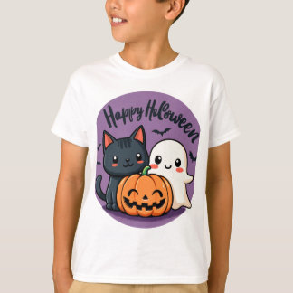 T-shirt Happy Halloween Chat, Fantôme et Citrouille
