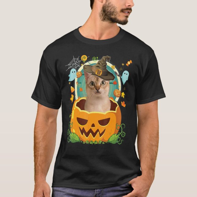 T-shirt Happy Halloween Citrouille Singapura Chat Witch mi (Devant)