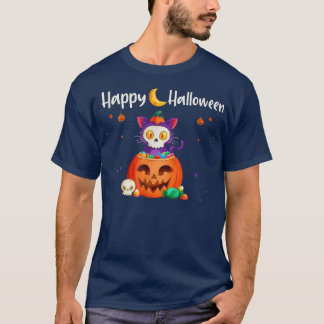 T-shirt Happy Halloween Jack-o'-lantern Citrouille Chat Fu