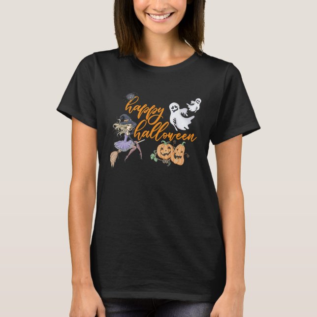 T-shirt Happy Halloween witch ghosts goblins spiders fall (Devant)